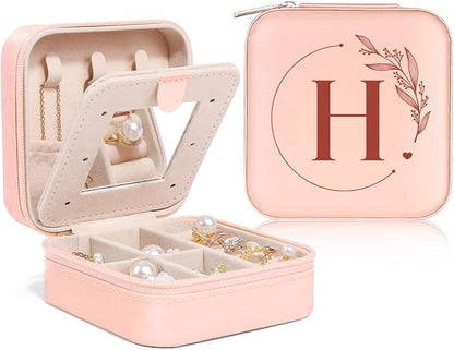SANDJEST Personalized Jewelry Box, Pink Small Travel Jewelry Box with Initial H, Monogrammed Jewelry Case Organizer for Girls Women Teen, Mini Travel Essentials Gifts for Christmas Birthday