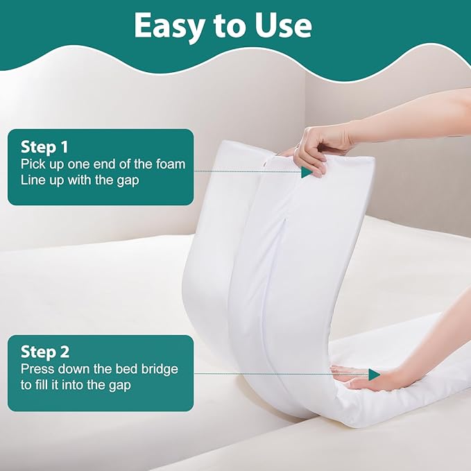 12" Extra Wide Split King Gap Filler for Adjustable Bed, Bed Bridge Twin to King Converter with Washable Cover, Close The Gap (0-3"),White
