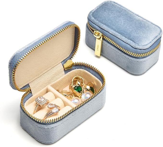 TAIMY Mini Jewelry Travel Case, Velvet Small Travel Jewelry Box, Portable Jewelry Travel Organizer Box for Rings Earrings Necklaces, Gifts for Women Girls(Blue)