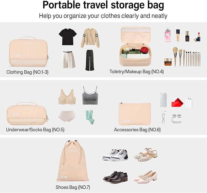 Hanke 7 Set Compression Packing Cubes for Travel, Expandable Large Packing Cubes for Suitcases and Backpack, Luggage Packing Organizer Bags with Double Zipper as Travel Essentials