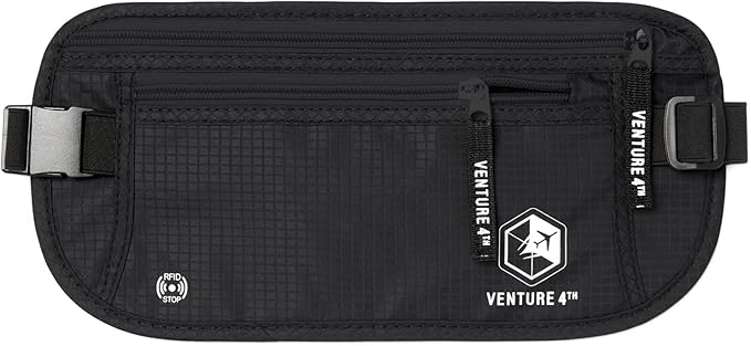 VENTURE 4TH Money Belt for Travel – Hidden Under-Clothes RFID Blocking Passport Holder & Slim Travel Wallet Pouch for Men & Women to Protect Cash, Cards & Documents (Pure Black)