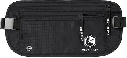 VENTURE 4TH Money Belt for Travel – Hidden Under-Clothes RFID Blocking Passport Holder & Slim Travel Wallet Pouch for Men & Women to Protect Cash, Cards & Documents (Pure Black)