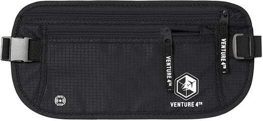 VENTURE 4TH Money Belt for Travel – Hidden Under-Clothes RFID Blocking Passport Holder & Slim Travel Wallet Pouch for Men & Women to Protect Cash, Cards & Documents (Pure Black)