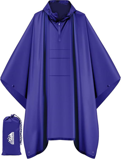 Bruvoalon 3-in-1 Rain Poncho with 1/4 Zip & Chest Pocket, Waterproof, Sunshade, Ground Mat for Adults & Youth Emergency