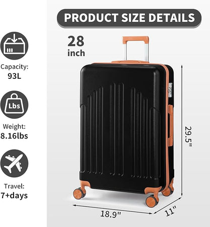 Karl home 28 Inch Check-in Luggage with Spinner Wheels, ABS Hardshell Checked Suitcase with TSA Lock, Durable Large Suitcase Rolling Luggage for Men Women, Black & Brown
