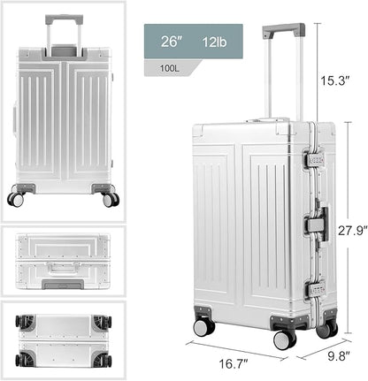 All Aluminum Magnesium Carry On Luggage，Cut from Whole Aluminum Sheet，22x14x9 Airline Approved ，（3rd Generation，Premium Magnesium Metal zipperless suitcase ） (silvery, 28inch)