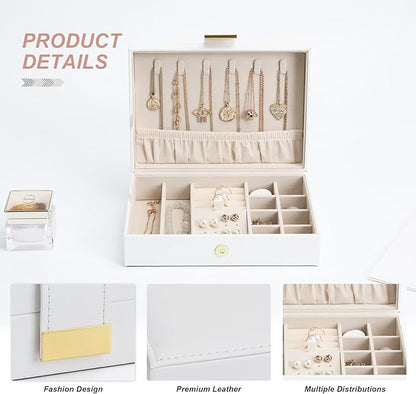 Portable Jewelry Organizer Box with Leather Strap Single Layer Storage for Earrings, Necklaces, Rings Travel Jewelry Case for Women White