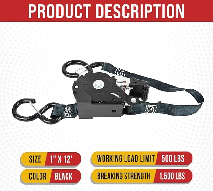 Mytee Products 4 Pack 1''x12' Retractable Ratchet Straps with Safety Lock S Hook, 1500 Breaking Strength, 4 Soft Loops & Storage Bag - Self Ratcheting Tie Down Strap for Boat, Jet Ski, ATVs, Bikes