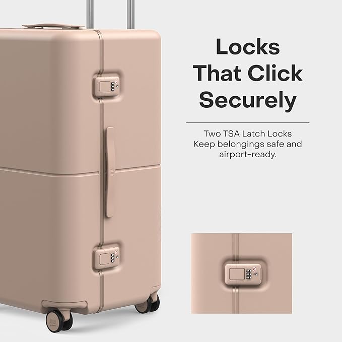 Checked Trunk - 26.8" Zipperless Airline Approved Check In Luggage with Wheels, 80/20 Opening Spinner Suitcase - TSA Lock Rolling Suitcase, Spinner Wheels, Y-Strap - Matte Light Sand