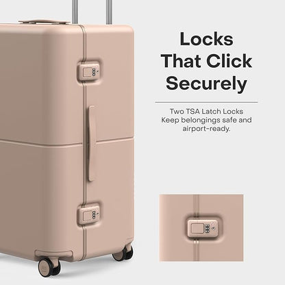 Checked Trunk - 26.8" Zipperless Airline Approved Check In Luggage with Wheels, 80/20 Opening Spinner Suitcase - TSA Lock Rolling Suitcase, Spinner Wheels, Y-Strap - Matte Light Sand