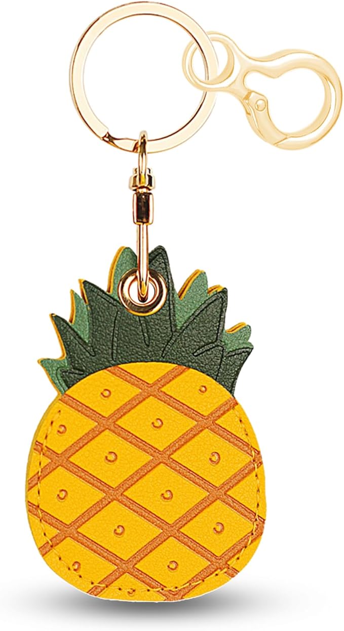 Leather Keychain for Airtag, Cute Protective Keychain Holder Compatible with Apple Air Tag,GPS Item Tracker Case Cover for Keys,Bags,Pets,Luggage(Pineapple)
