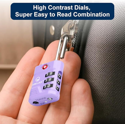 SURE LOCK TSA Locks for Luggage, TSA Approved Luggage Locks with Open Alert, 008 Key for High Security, Easy Read Dials, Zinc Alloy Body, Locker Lock for Suitcase, Gym, Travel. (Purple 4 pk)