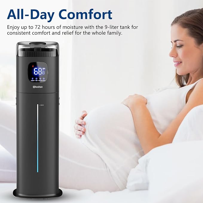 Large Humidifiers for Bedroom, 9L/2.5Gal Ultrasonic Cool Mist, Top Fill Easy Clean with 350ML/H Mist Speed, Quiet, Suitable for Kids Room Plant Yoga Office Study Room Living (Black, Square)