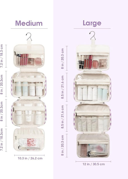 Narwey Travel Toiletry Bag for Women Large Hanging Makeup Bag Organizer Toiletries Bag for Full Size Essentials Accessories Cosmetics (Purple Checkerboard (Large))