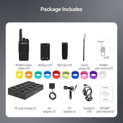 Retevis RT68H 2 Way Radio Long Range, Rechargeable Walkie Talkies with Earpiece, LCD Display, Squelch, 1200mAh, Rugged Two Way Radio(10 Pack with Gang Charger)