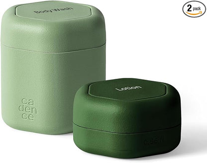 Cadence Travel Containers - 2 Piece Body Care Capsule Set - Magnetic Containers w/ Lids - Carry On Travel Essentials for Women/Men - 1 Small & 1 Medium Capsule - Body Wash & Lotion Labels - Evergreen