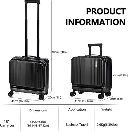 TydeCkare 16" Carry on Luggage with 2 Laptop Compartments, Lightweight Hardshell ABS+PC Suitcase with Dual Control TSA Lock, with YKK Zipper, 4 Spinner Silent Wheels, for Business Travel, Black