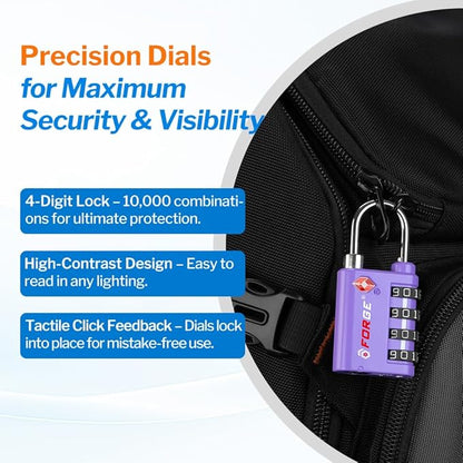 Forge Dual-Opening: Key or Combination Lock, TSA Approved Lock for Luggage, Pelican case, Travel, Gym, School, Luggage Combination Lock, Travel Bag Lock (Purple 2 Pk)