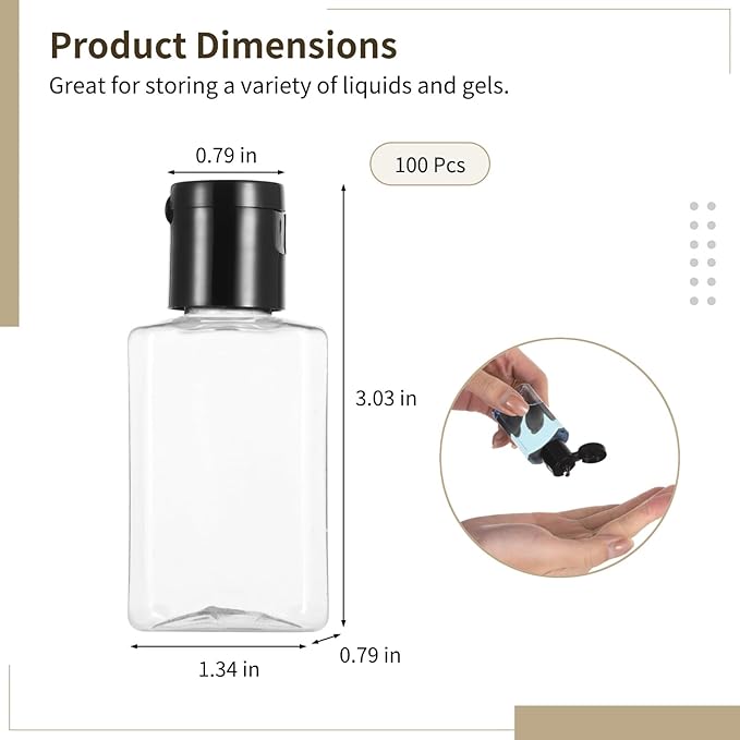 Lnrueg 100 Pcs 1 oz Travel Bottles - Hand Sanitizer Bottle Mini Clear Bottles with Flip Caps, Portable Empty Refillable Containers for Shower Gel, Face Creams, Body Lotions,Black