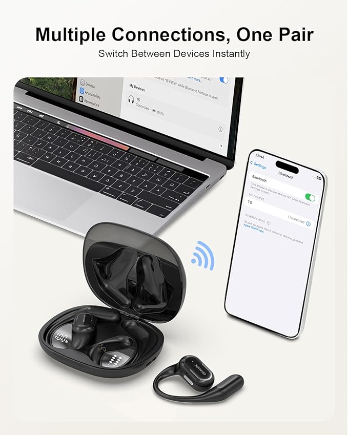 Open Ear Headphones Wireless Bluetooth 60H Playtime, IPX7 Waterproof Open Ear Earbud with Ear Hooks, Running Headphones Bluetooth 5.4 Ear Buds with Mic, Sport Headset for Cycling, and Workouts, Black
