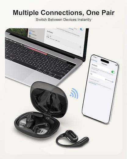 Open Ear Headphones Wireless Bluetooth 60H Playtime, IPX7 Waterproof Open Ear Earbud with Ear Hooks, Running Headphones Bluetooth 5.4 Ear Buds with Mic, Sport Headset for Cycling, and Workouts, Black