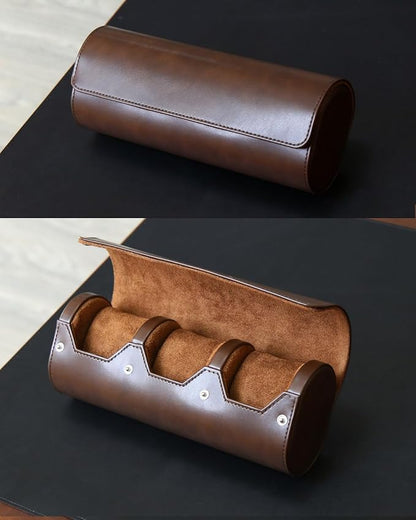 watch box organizer for mens watch case travel roll Portable 3 Watch Display Storage with Velvet Sections to Holder Large Watch (Dark Brown)