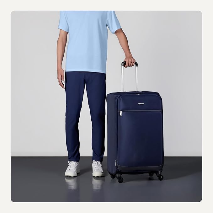 Amazon Basics Luggage, 28" Large Checked Softside Suitcase With Wheels With Four 360-Degree Multi-directional Spinner Wheels Expandable Space Zippered Pocket and Straps, Telescopic Handle, Navy Blue