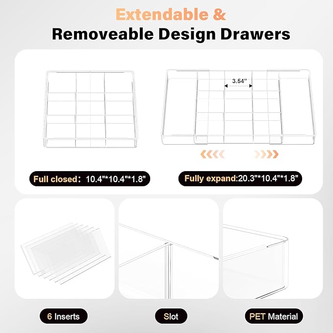 Expandable Desk Drawer Organizer, Acrylic Drawer Organizer Trays with 11 Adjustable Compartments 6 Removable Dividers Desk Accessories for Makeup Utensil Junk Office Kitchen Bathroom ( Clear, 2Pcs )