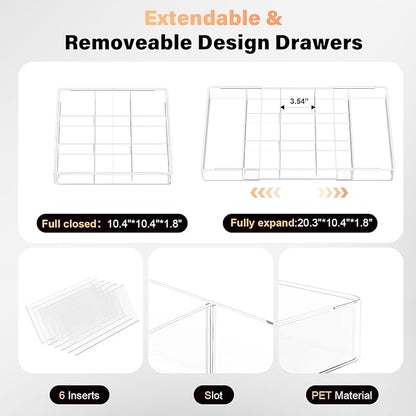 Expandable Desk Drawer Organizer, Acrylic Drawer Organizer Trays with 11 Adjustable Compartments 6 Removable Dividers Desk Accessories for Makeup Utensil Junk Office Kitchen Bathroom ( Clear, 2Pcs )