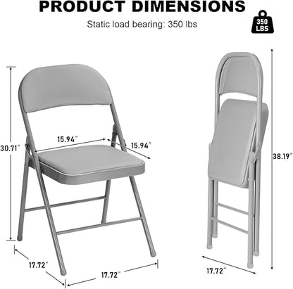 8 Pack Gray Folding Chairs with Padded Cushion for Outside, Portable Stackable Commercial Metal Foldable Chairs with Steel Frame for Home Events Office Wedding Party, 350lbs Capacity