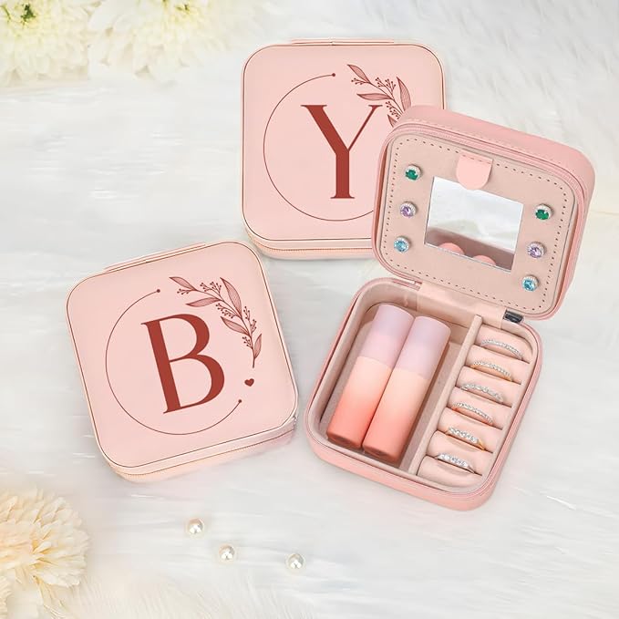 SANDJEST Personalized Jewelry Box, Pink Small Travel Jewelry Box with Initial B, Monogrammed Jewelry Case Organizer for Girls Women Teen, Mini Travel Essentials Gifts for Christmas Birthday