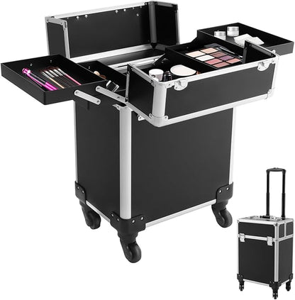 Black Rolling Makeup Case, Professional Cosmetic Box Storage on Wheels, Large Make Up Train Carrying Cases w/4 Organizer Trays, Cosmetic Case Trolley with Locks for Makeup/Nail Art/Hair Styling