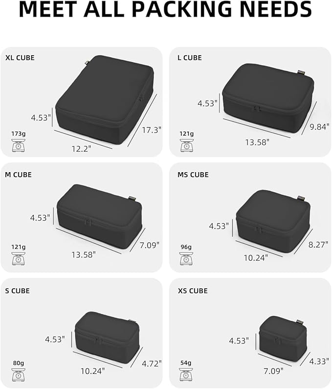 Compression Packing Cubes for Travel, 6-Piece Set (Large/Medium/Small), Double-Zip Luggage Organizers for Suitcase & Carry-On, Clothes Storage Bags (6 Pack, Pure Black)