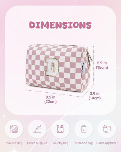 Narwey Birthday Gifts for Teen Girls Kids Women Personalized Initial Checkered Makeup Bag Pink Monogram Cosmetic Bag Trendy Stuff 6 8 10 11 12 13 14 16 18 Years Old Travel Toiletry Bag (Dusty Rose D)