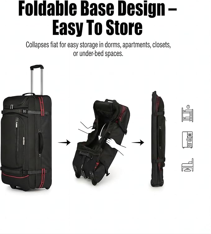 100L Extra Large Rolling Duffel Bag with Wheels and Handle – 33" Heavy-Duty 1600D PVC Checked Luggage for Business Travel and Men’s Week-Long Trips, Foldable Base Design