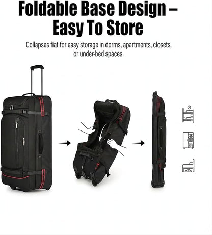 100L Extra Large Rolling Duffel Bag with Wheels and Handle – 33" Heavy-Duty 1600D PVC Checked Luggage for Business Travel and Men’s Week-Long Trips, Foldable Base Design