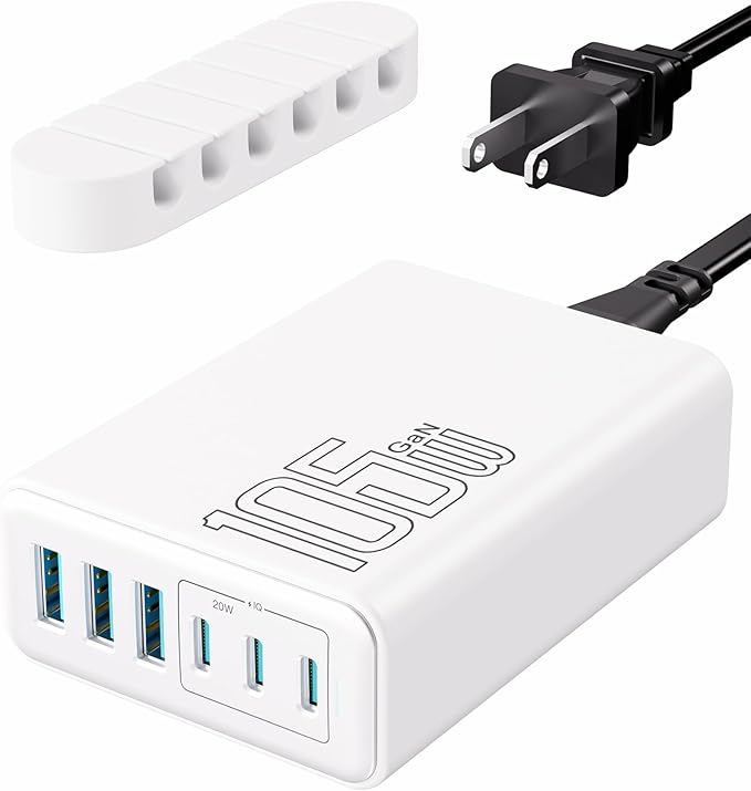 USB C Charger Block, 105W Max GaN 6-Port Fast Desktop Charging Station, Wall Charger Power Strip Adapter Plug for iPhone 17/16/15, iPad, Samsung and More (Cable Organizer Included)