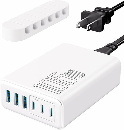 USB C Charger Block, 105W Max GaN 6-Port Fast Desktop Charging Station, Wall Charger Power Strip Adapter Plug for iPhone 17/16/15, iPad, Samsung and More (Cable Organizer Included)
