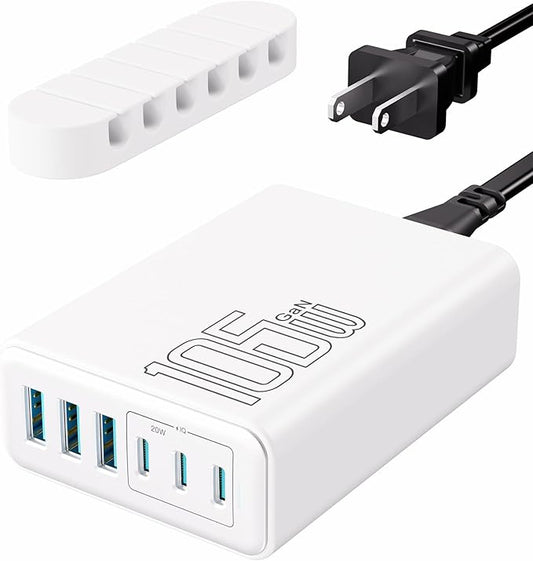 USB C Charger Block, 105W Max GaN 6-Port Fast Desktop Charging Station, Wall Charger Power Strip Adapter Plug for iPhone 17/16/15, iPad, Samsung and More (Cable Organizer Included)