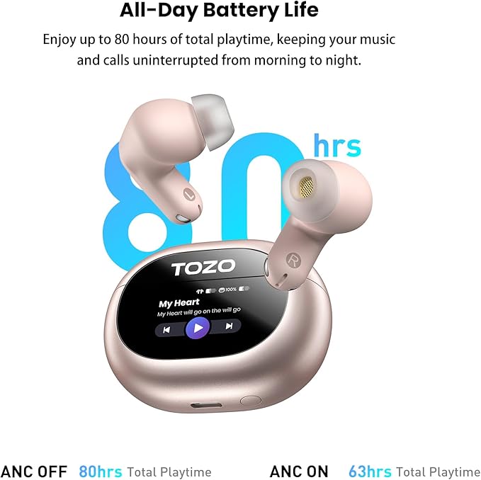 TOZO NC20 Pro Active Noise Cancelling Wireless Earbuds with Smart Touch Screen, LDAC Hi-Res Audio, Stereo Bass, 6 Mics AI Call Ear Buds, 80H Playtime, IPX8 Waterproof, 32 EQ via App, Wireless Charging