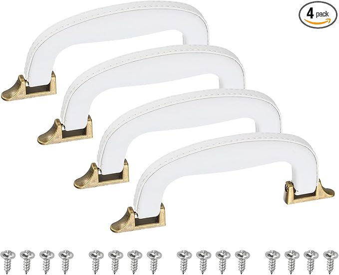 uxcell 4 Pcs PU Leather Luggage Handle, 0.9" Hole Distance Vintage U-Shape Replacement Strap Handle for Travel Handbag Guitar Musical Box Gift Boxes, White/Bronze