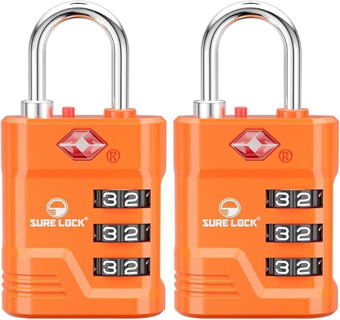 SURE LOCK TSA Locks for Luggage, TSA Approved Luggage Locks with Open Alert, 008 Key for High Security, Easy Read Dials, Zinc Alloy Body, Locker Lock for Suitcase, Gym, Travel. (Orange 2 pk)