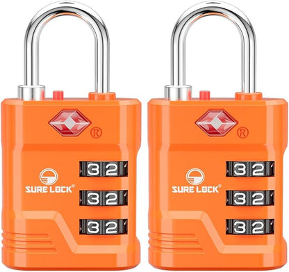 SURE LOCK TSA Locks for Luggage, TSA Approved Luggage Locks with Open Alert, 008 Key for High Security, Easy Read Dials, Zinc Alloy Body, Locker Lock for Suitcase, Gym, Travel. (Orange 2 pk)