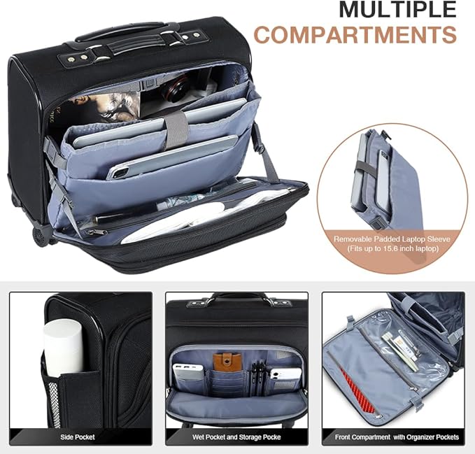Lekebobor Rolling Laptop Bag With a Compact Combination Lock，Rolling Laptop Briefcase on Wheels for Women/Men Fits Up to 15.6Inch computer Bags Water Resistant for Work Travel and Business, Black