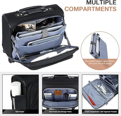 Lekebobor Rolling Laptop Bag With a Compact Combination Lock，Rolling Laptop Briefcase on Wheels for Women/Men Fits Up to 15.6Inch computer Bags Water Resistant for Work Travel and Business, Black