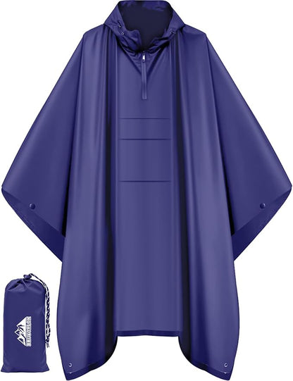 Bruvoalon 3-in-1 Rain Poncho with 1/4 Zip & Chest Pocket, Waterproof, Sunshade, Ground Mat for Adults & Youth Emergency
