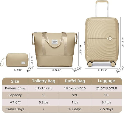 LARVENDER 20in Carry On Luggage, PP Hardside Luggage Set 3 Piece, Expandable Travel Suitcase Set with TSA Lock, Lightweight Suitcases with Wheels for Women Men(CHAMPAGNE/20/DB/TB)