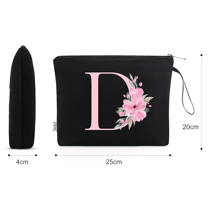 Vavabox A-Z Personalized Makeup Bag, Birthday Gifts for Women Mom, Gifts for Best Friend, Bride Bridesmaid Cosmetic bag (D, Black)