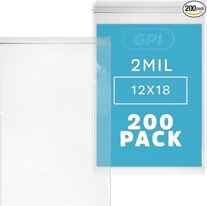 GPI - 12" x 18" Zip Bags, 200 Count, Clear Plastic Reclosable Zipper Poly Baggies, with Resealable Zip Top Lock. for Freezer, Apparel, Clothing, Food, Home & Office Supplies.