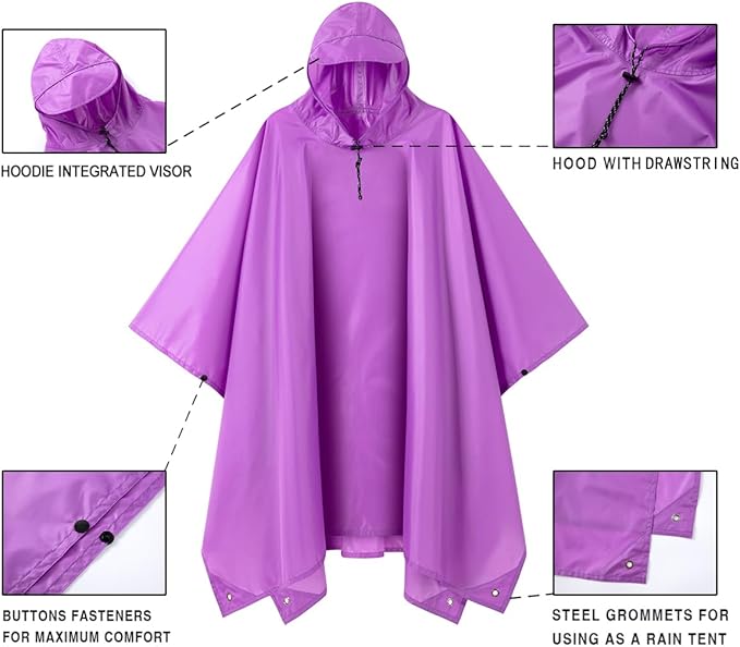 Hooded Rain Poncho for Adult, Waterproof Lightweight Raincoat for Hiking Camping